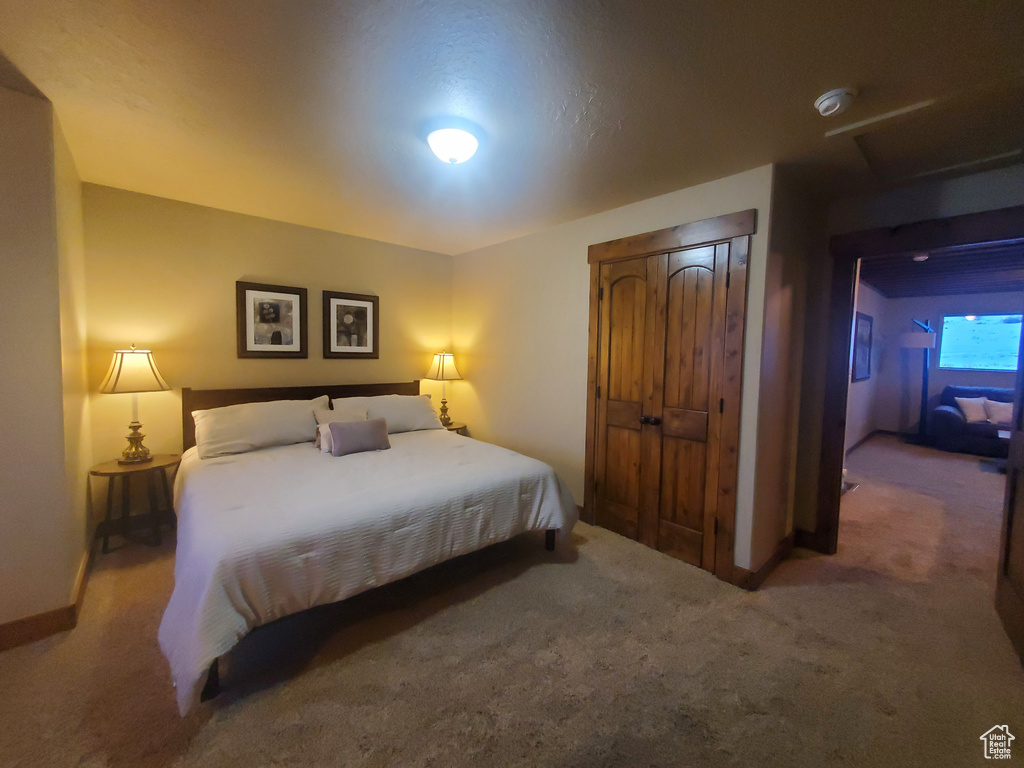Carpeted bedroom featuring a closet