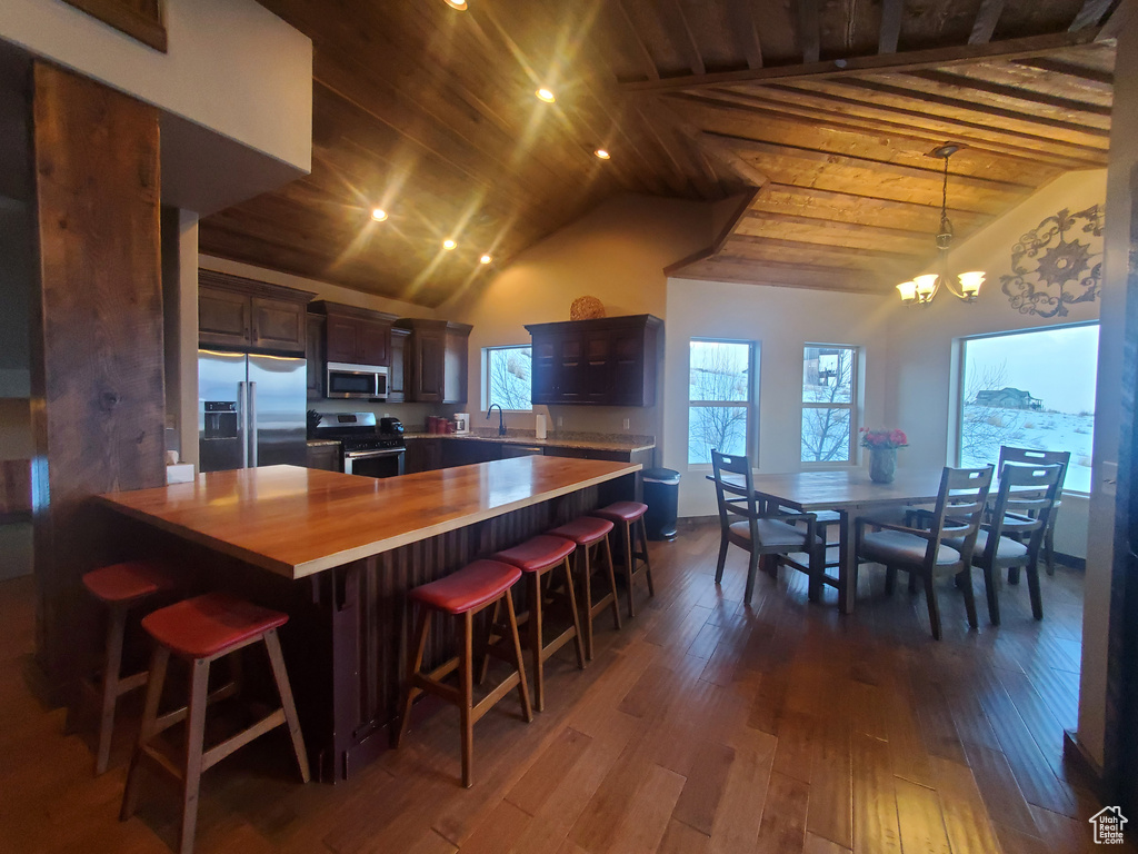 Kitchen featuring butcher block counters, sink, wood ceiling, stainless steel appliances, and dark brown cabinets