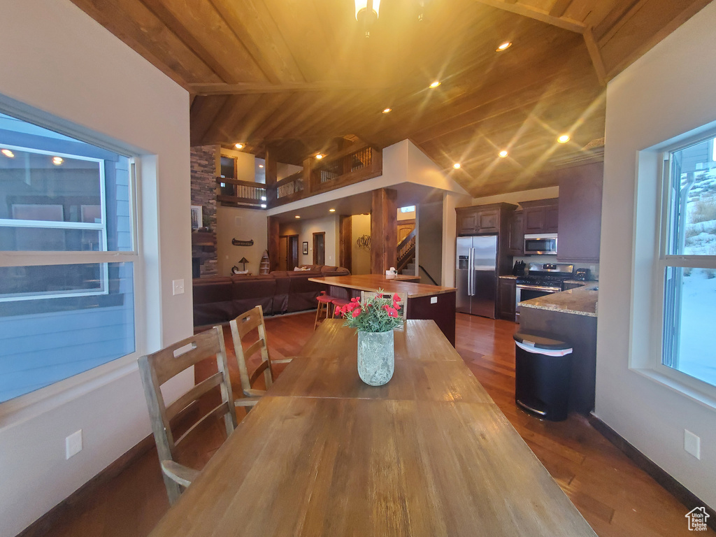 Dining area featuring lofted ceiling, hardwood / wood-style floors, and wooden ceiling