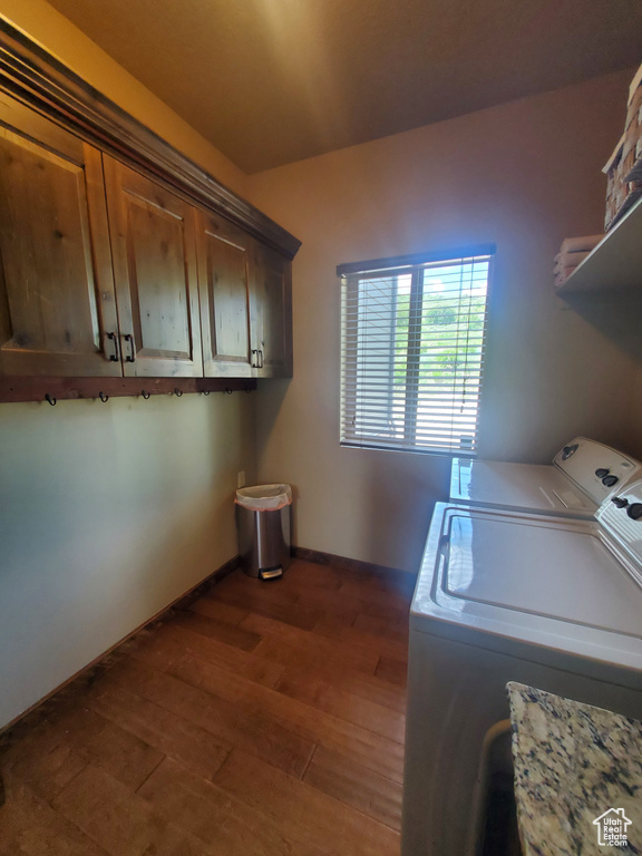 Laundry area featuring washer and clothes dryer, cabinet space, and dark wood finished floors