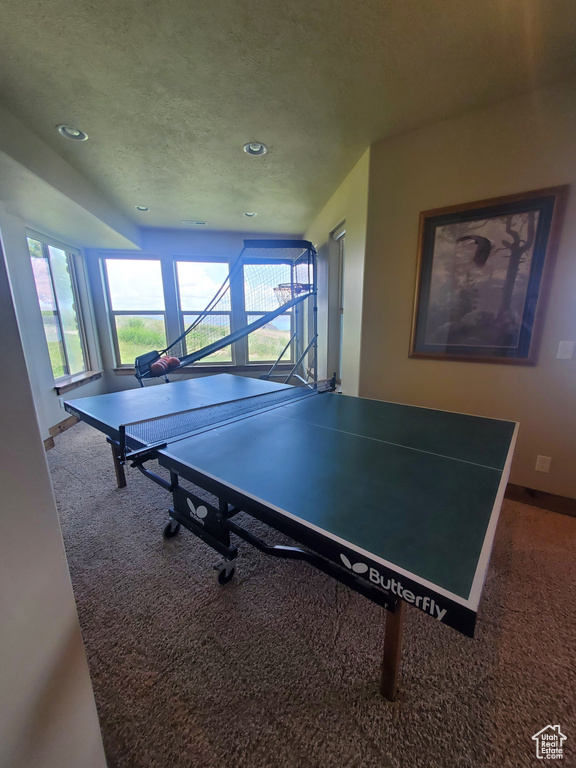Playroom featuring carpet flooring, recessed lighting, baseboards, and a textured ceiling