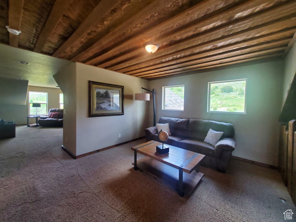 Carpeted living area featuring baseboards and wooden ceiling