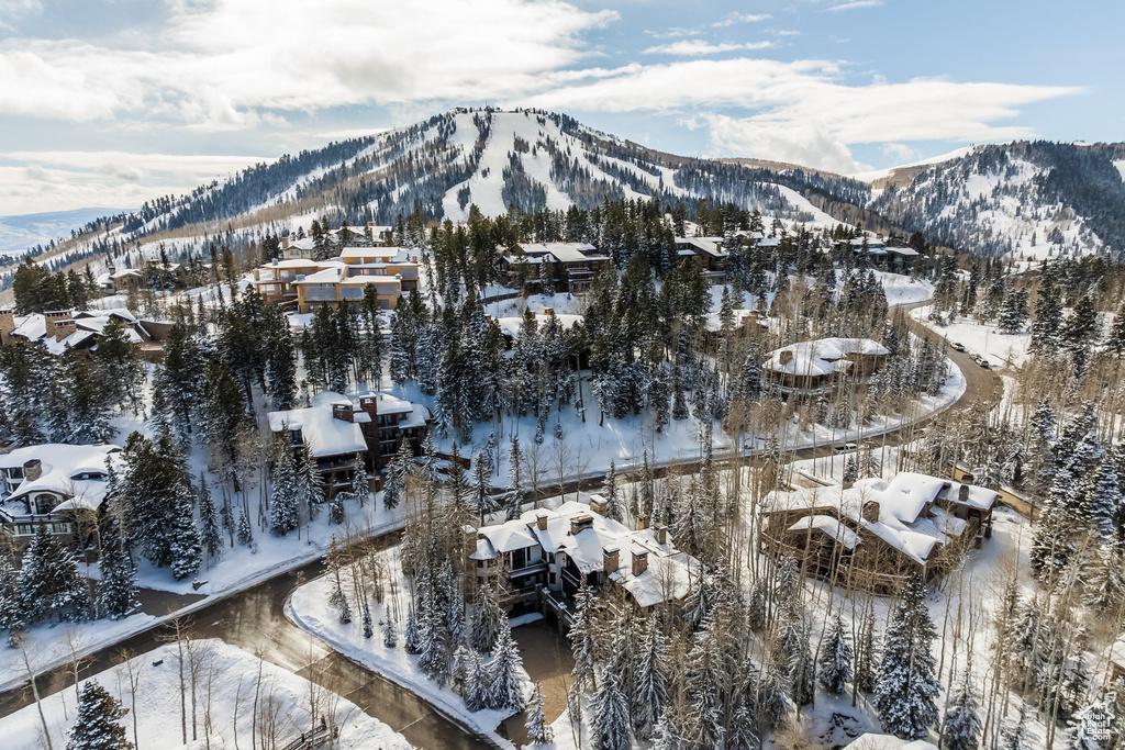 Snowy aerial view with a mountain view