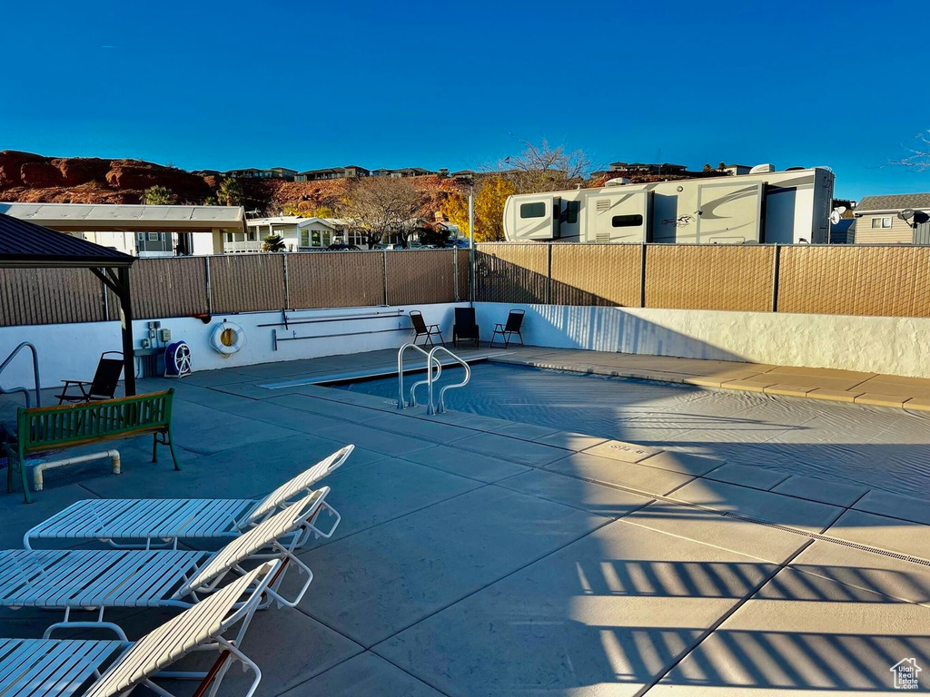 View of patio / terrace featuring a mountain view