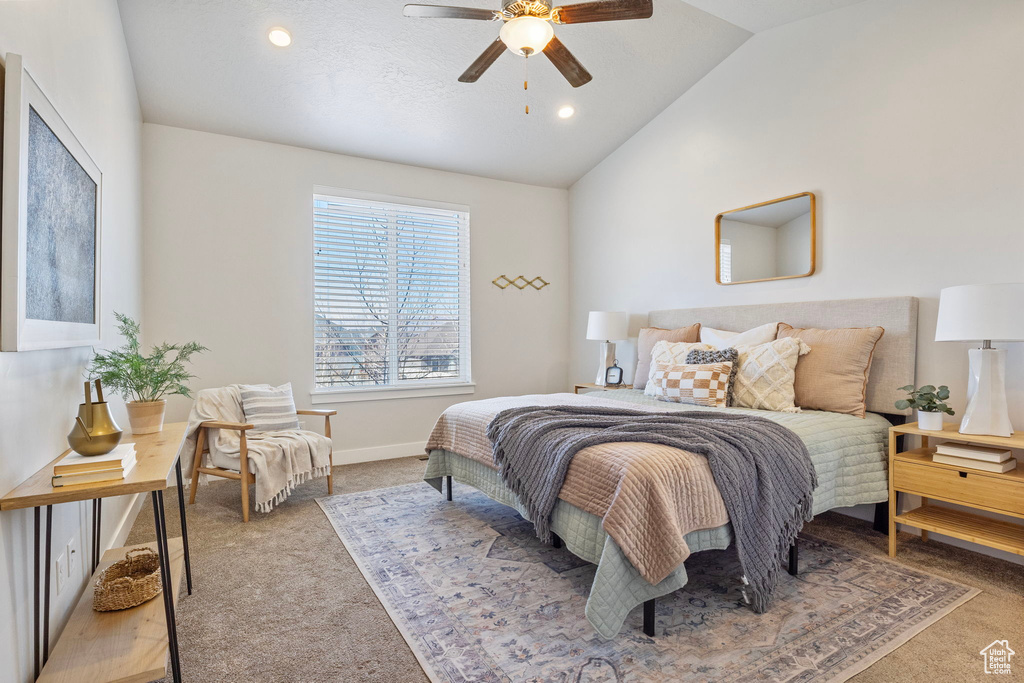 Carpeted bedroom featuring recessed lighting, vaulted ceiling, baseboards, and ceiling fan