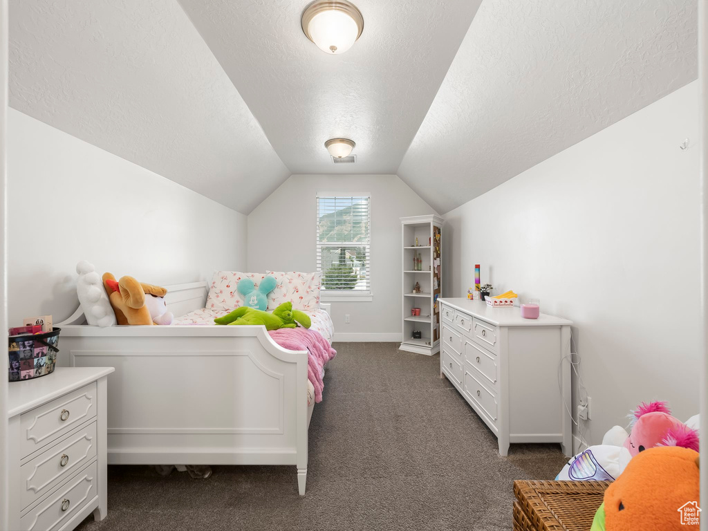 Bedroom featuring dark carpet, vaulted ceiling, and a textured ceiling