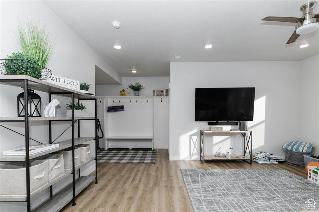 Interior space featuring light hardwood / wood-style floors and ceiling fan