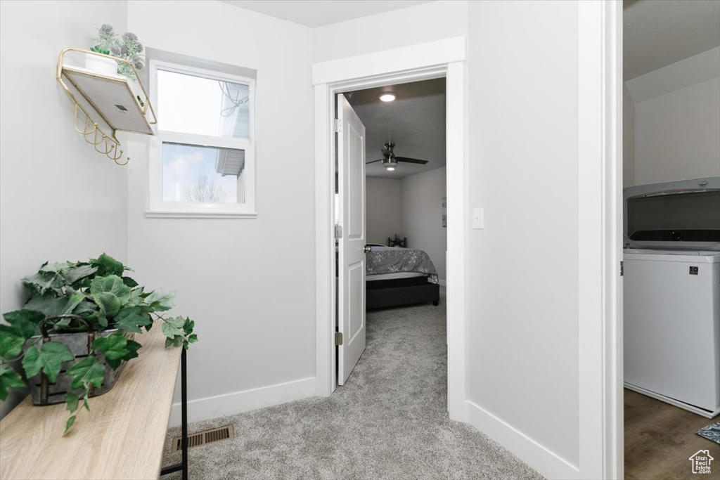 Hallway featuring washer / clothes dryer and light carpet