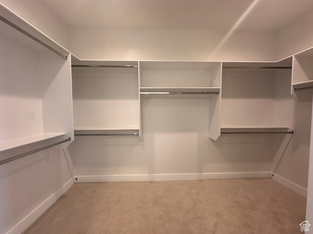 Walk in closet featuring light carpet