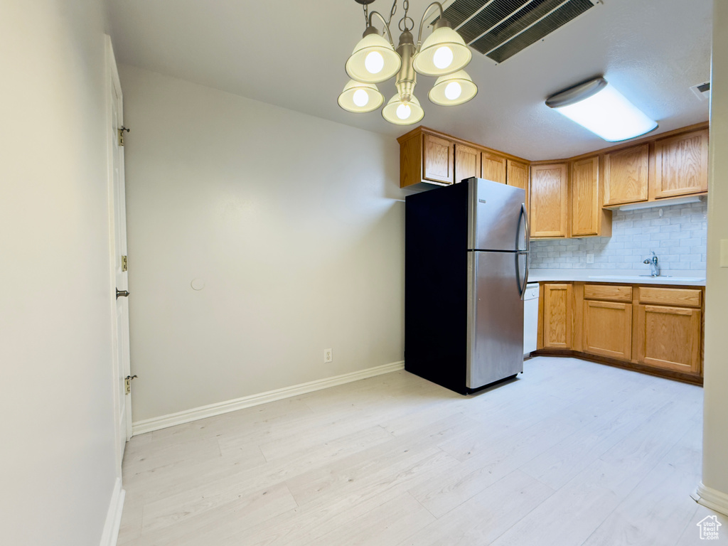 Kitchen featuring freestanding refrigerator, light wood finished floors, decorative backsplash, and light countertops
