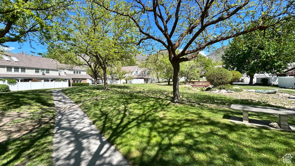 View of community with fence, a yard, and a residential view