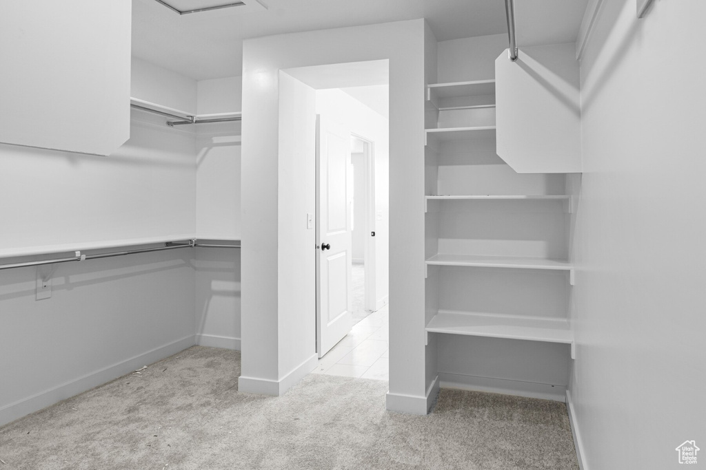 Walk in closet with light colored carpet