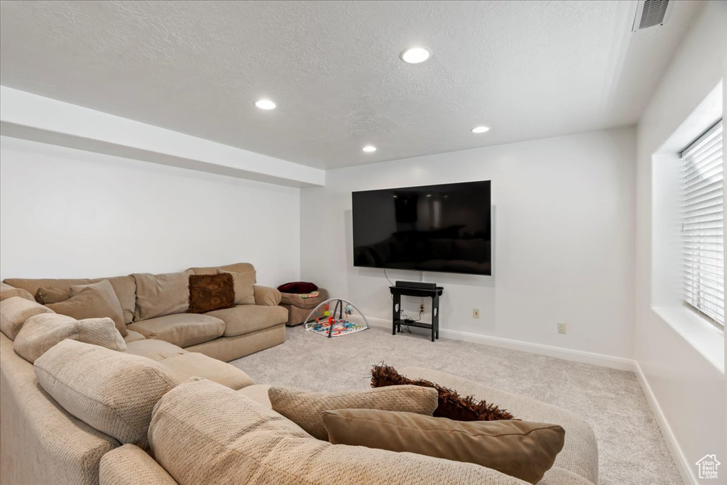 Living room with light colored carpet and a textured ceiling