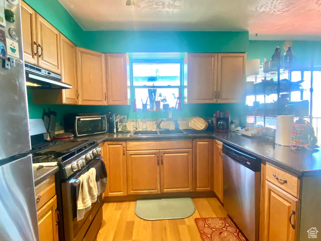 Kitchen featuring sink, stainless steel appliances, and light hardwood / wood-style floors