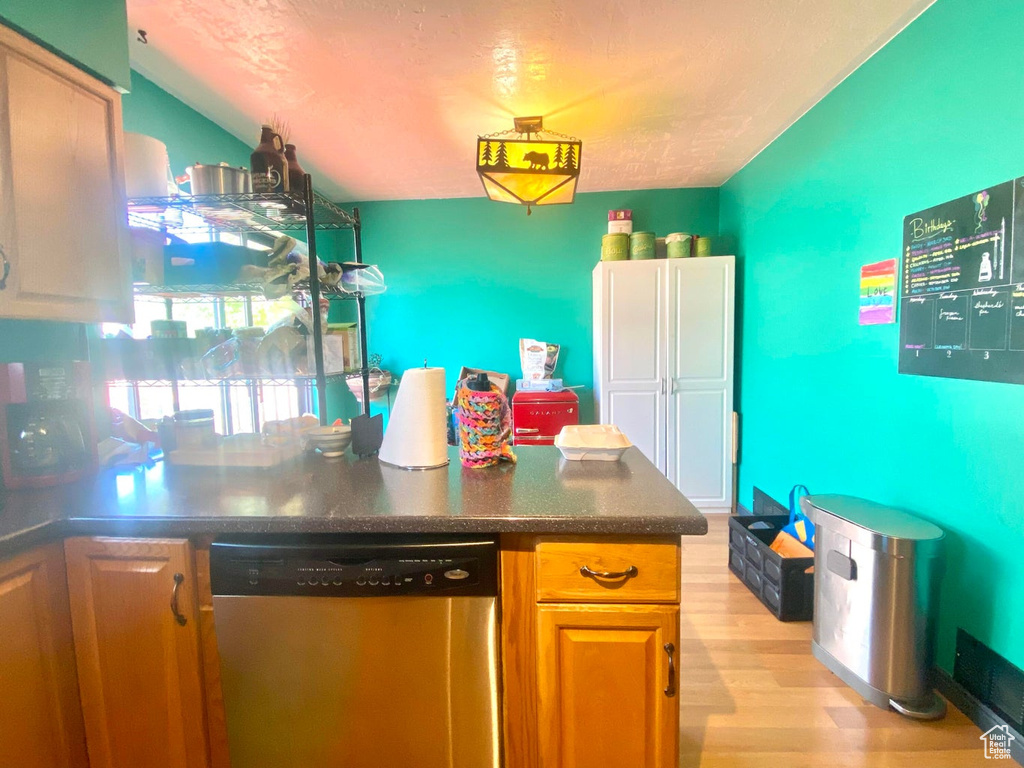 Kitchen featuring stainless steel dishwasher and light wood-type flooring