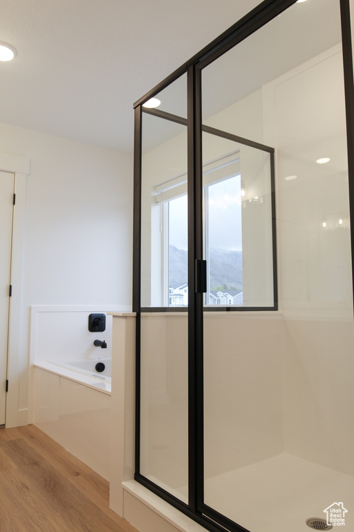 Bathroom with wood finished floors and a stall shower