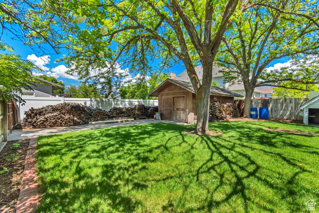 View of yard featuring a shed and an outbuilding