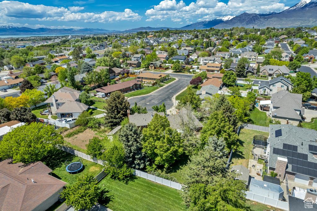 Aerial view of residential area with mountains