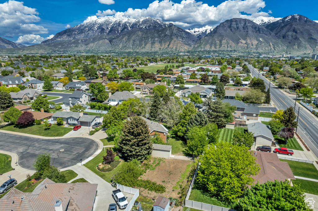 Aerial perspective of suburban area with mountains