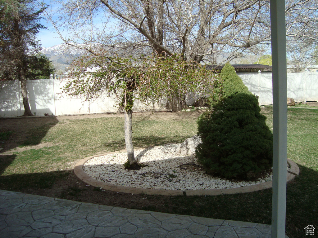 View of yard featuring fence and a mountain view