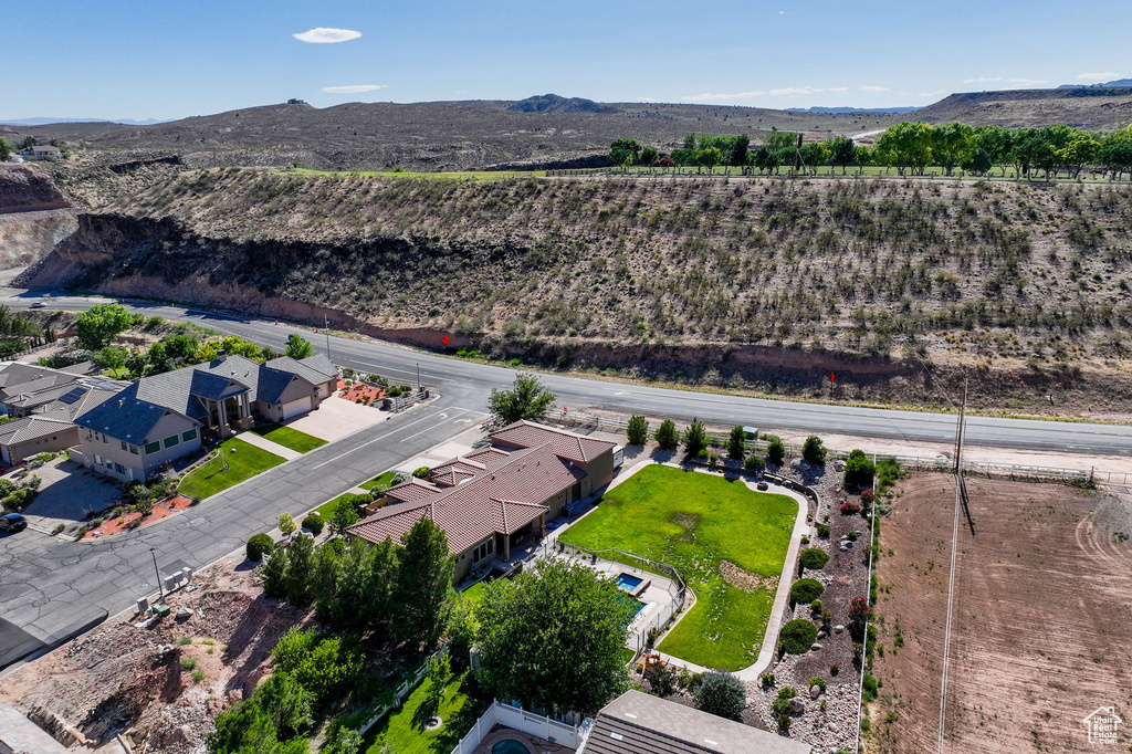 Aerial view of residential area with mountains