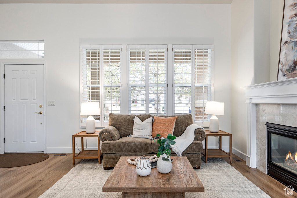 Living room with a high end fireplace and light hardwood / wood-style floors