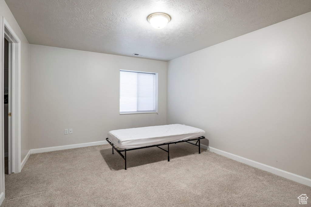 Carpeted bedroom with a textured ceiling