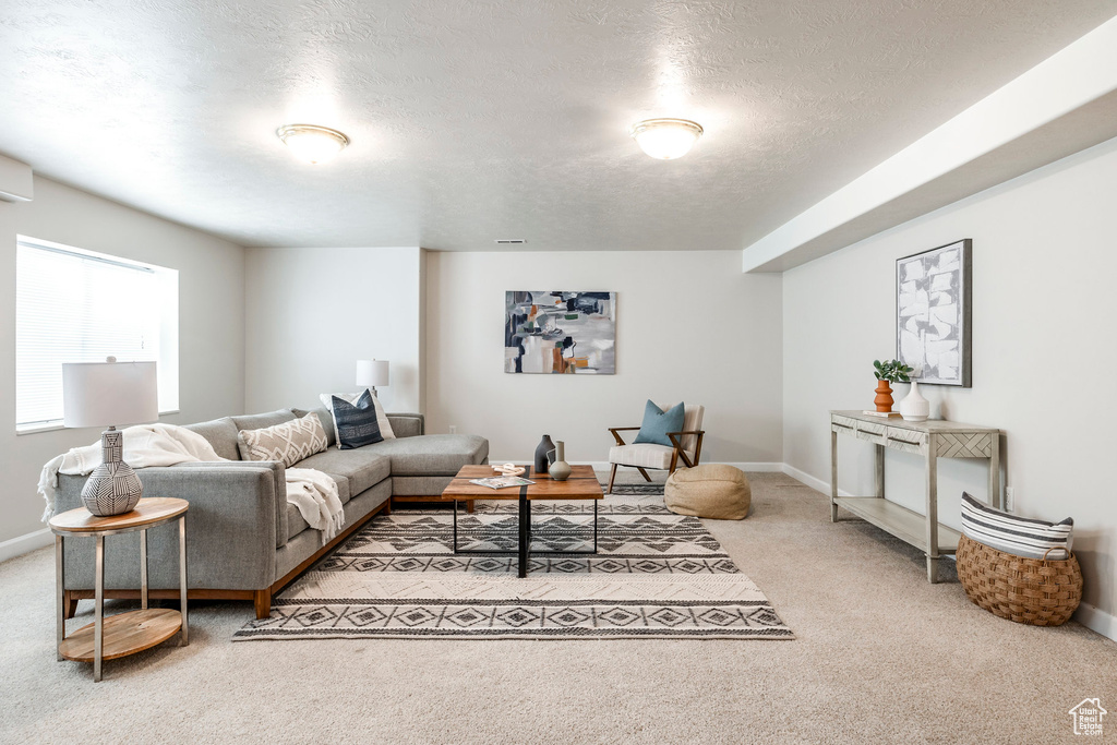 Living room featuring an AC wall unit, carpet floors, and a textured ceiling
