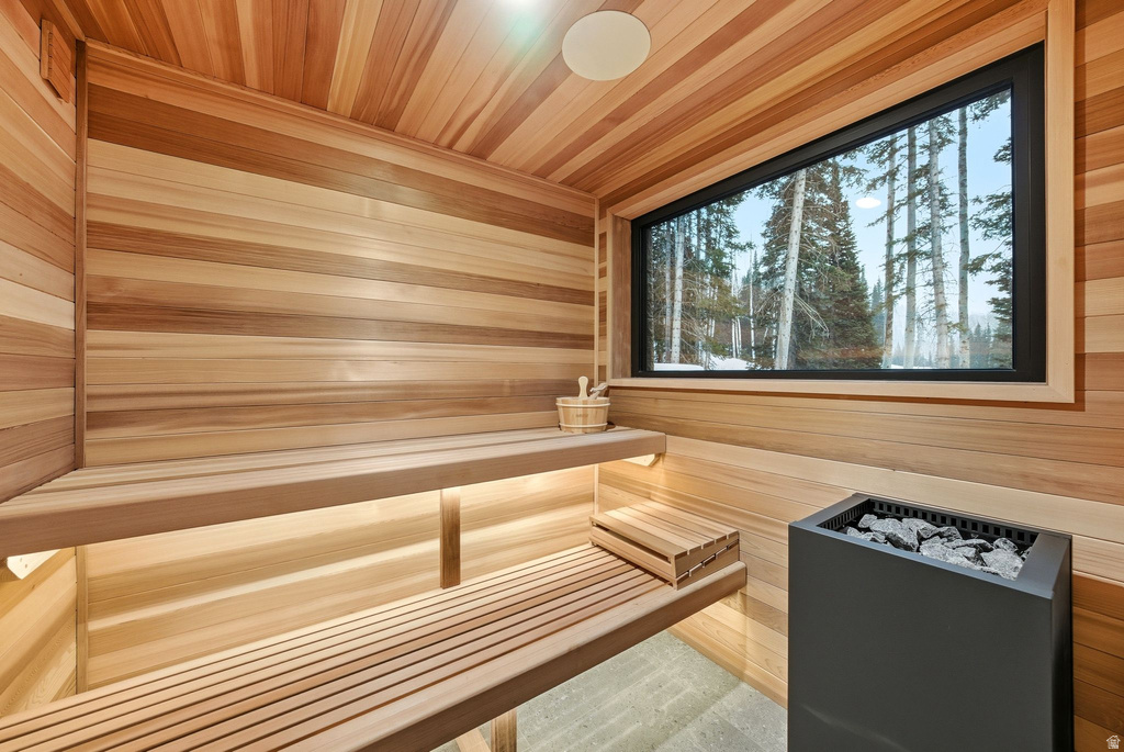 Sauna / steam room featuring wooden walls and wood ceiling