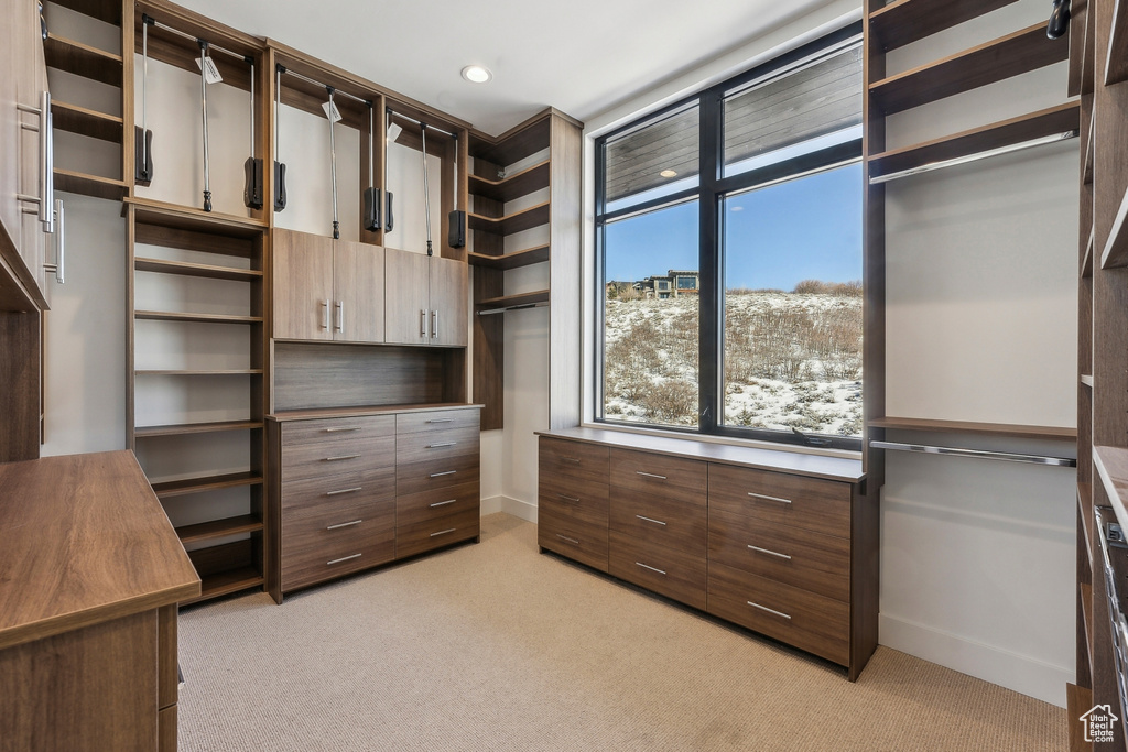 Spacious closet featuring light colored carpet