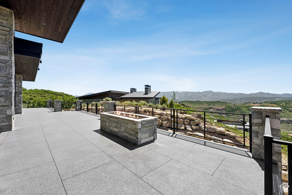 View of patio featuring a mountain view