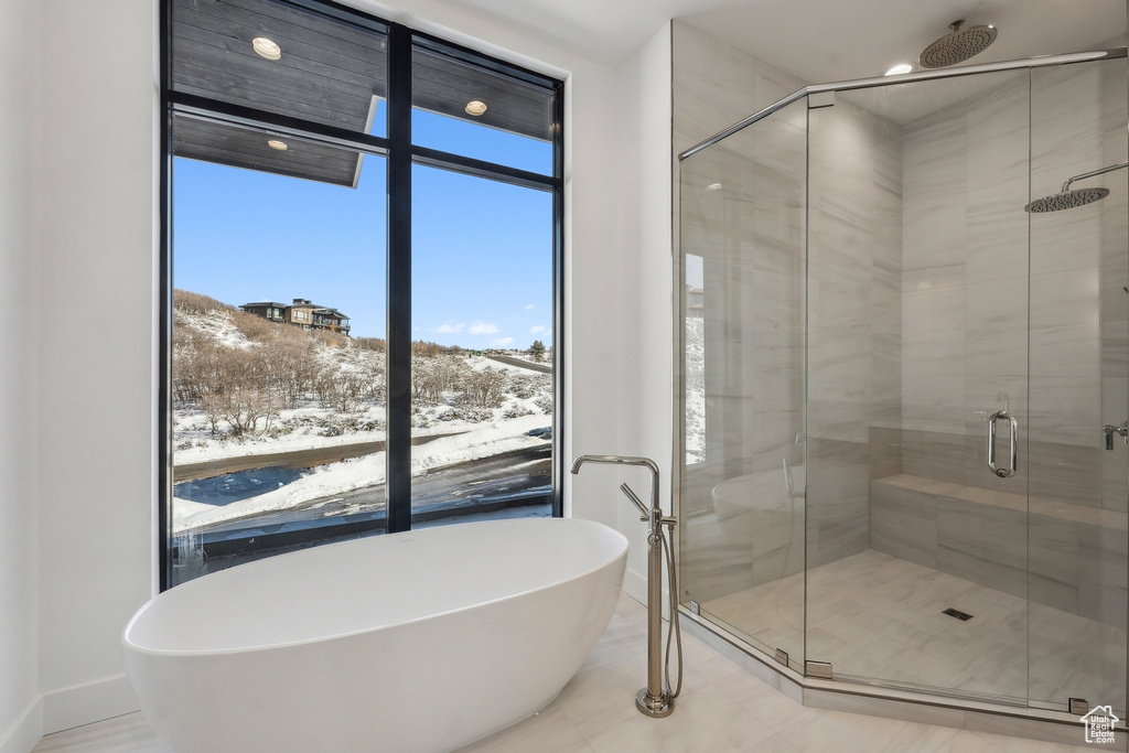 Bathroom with a shower stall and a freestanding bath
