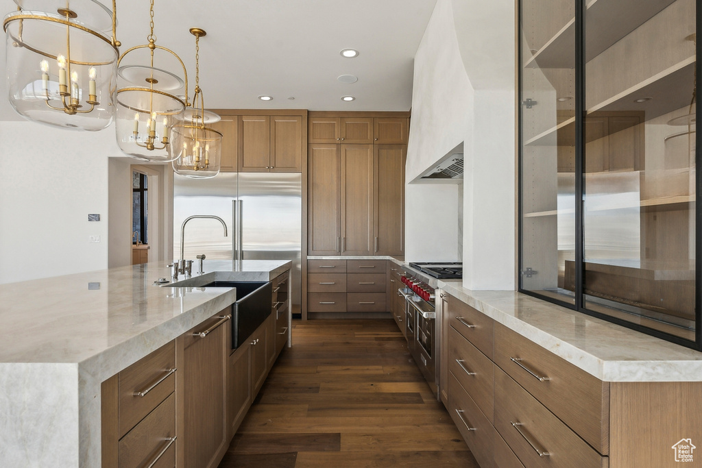 Kitchen featuring high end appliances, a chandelier, dark wood-type flooring, light stone countertops, and recessed lighting