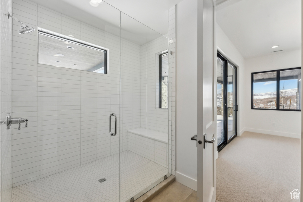 Bathroom featuring a shower stall and recessed lighting