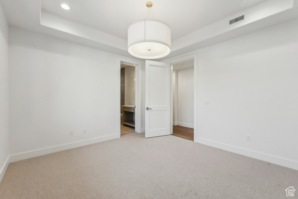 Spare room featuring light colored carpet and a raised ceiling