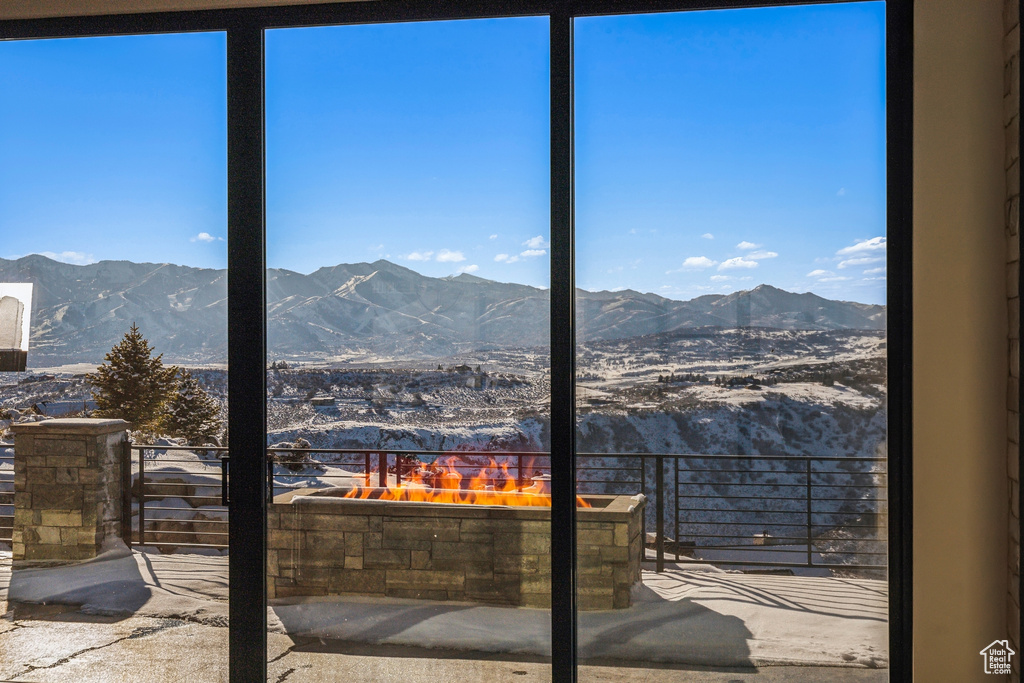 View of patio featuring a mountain view