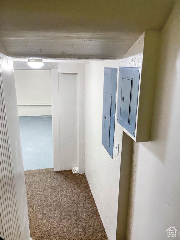 Corridor with carpet floors and electric panel