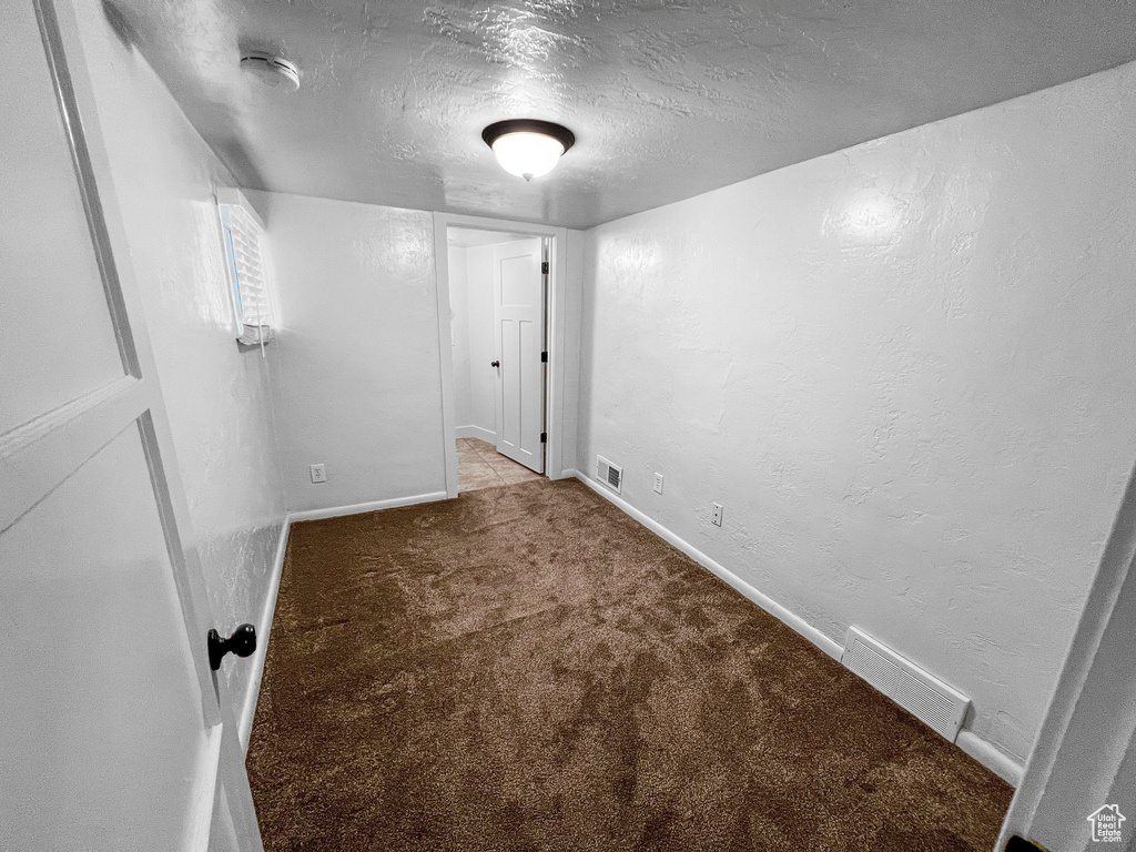 Basement with light carpet and a textured ceiling