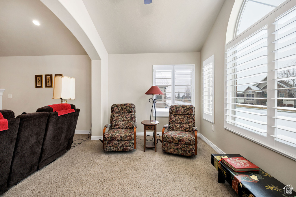 Living area featuring vaulted ceiling and carpet floors