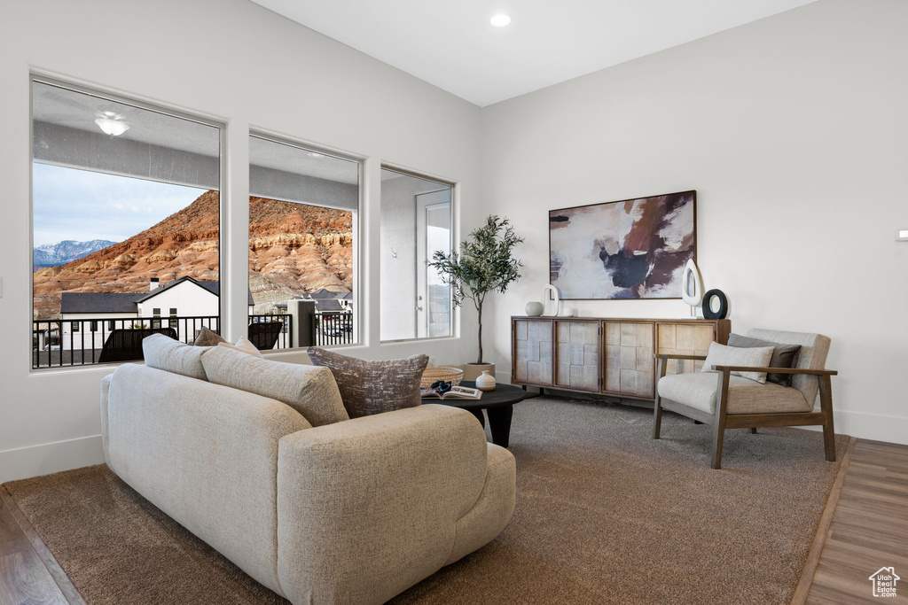 Living room featuring a mountain view and hardwood / wood-style floors