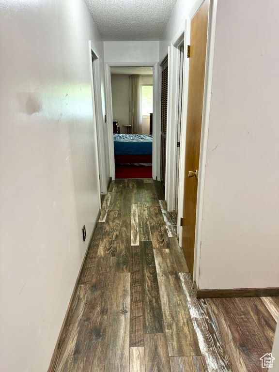 Hallway featuring wood finished floors, a textured ceiling, and baseboards
