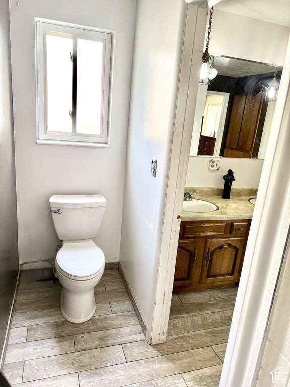 Half bath featuring toilet, vanity, and wood tiled floors