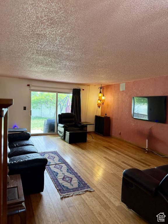 Living room featuring a textured ceiling and hardwood / wood-style floors