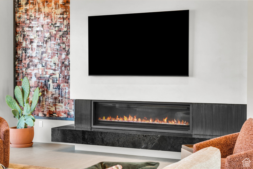 Detailed view of a glass covered fireplace