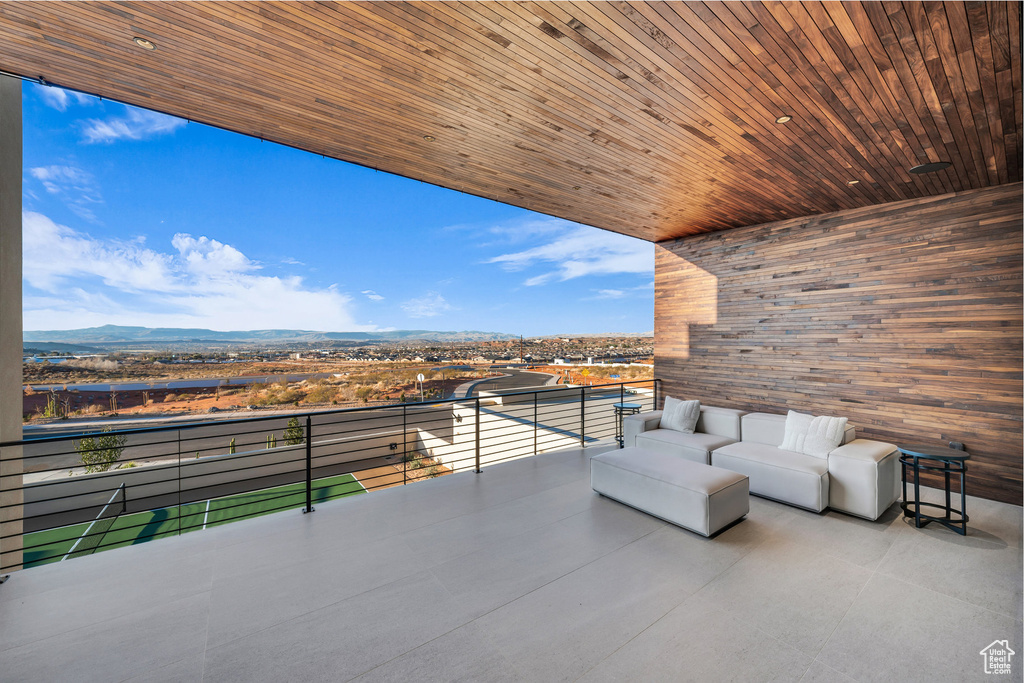 Patio / terrace featuring a mountain view