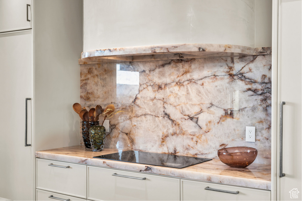 Detailed view of black electric cooktop and decorative backsplash