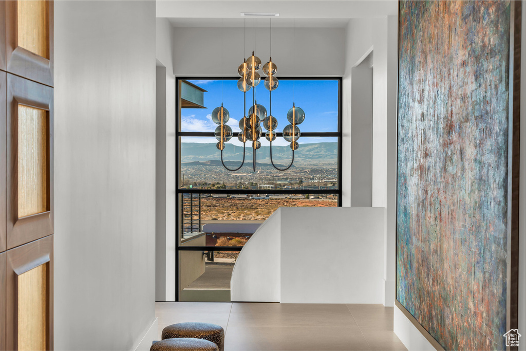 Dining area with a chandelier