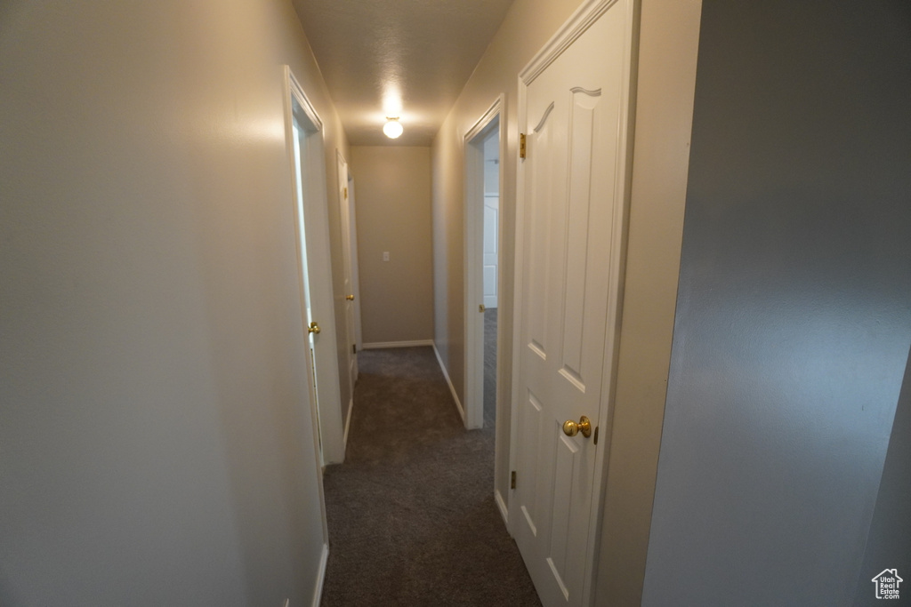 Hallway featuring dark colored carpet