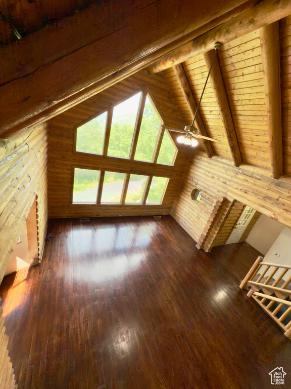 Unfurnished living room featuring wood-type flooring, wooden ceiling, and wood walls