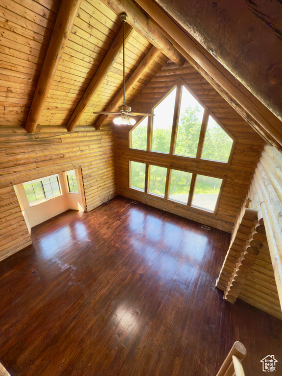 Unfurnished living room with wood ceiling, dark wood finished floors, log walls, and ceiling fan